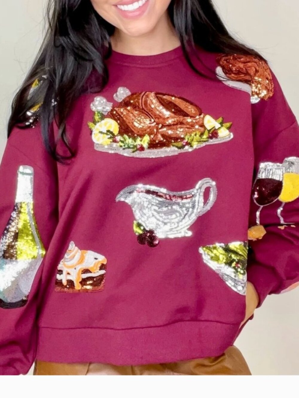 QUEEN OF SPARKLES THANKSGIVING BURGUNDY  SWEATSHIRT SMALL/ MEDIUM - Picture 3 of 9